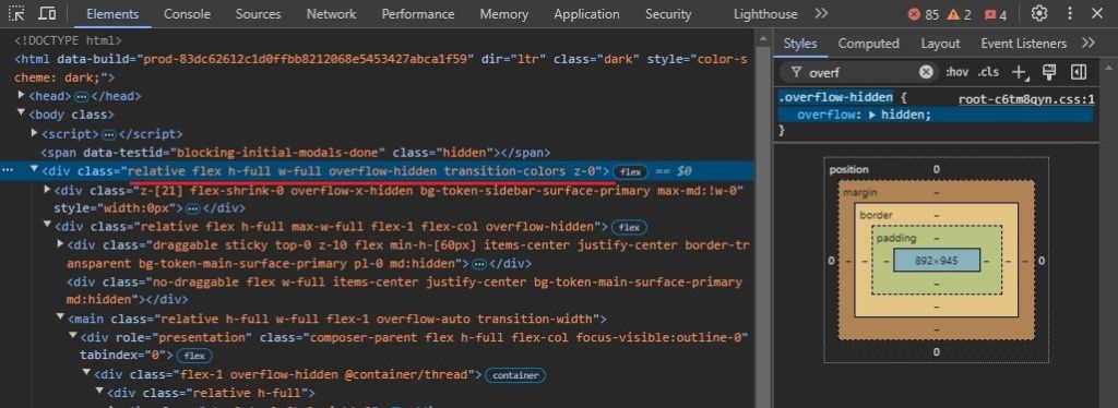 finding overflow in chrome inspect element