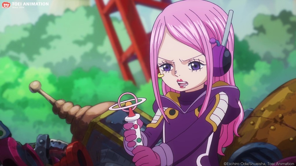 A young Bonney playing with a futuristic toy at Egghead Island.