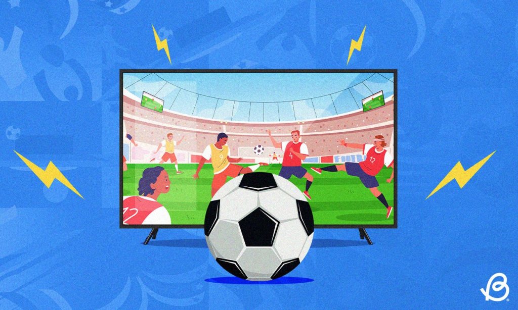 illustration of a TV showing live sports with a football in front of it with a blue abstract background