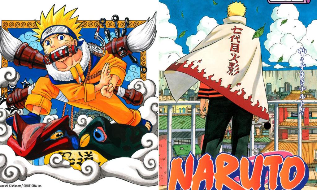 Kid and Adult Naruto in volume 1 and 76th manga cover of Naruto series.