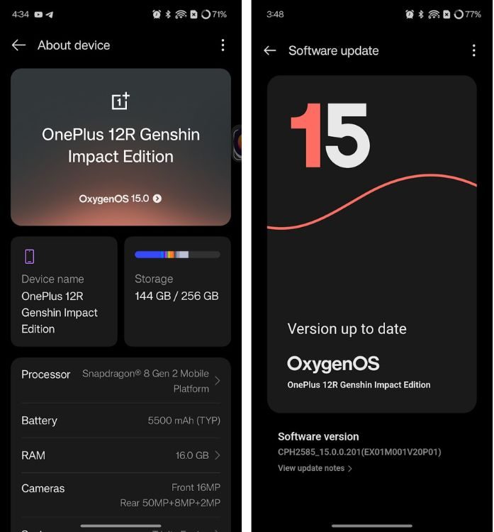 OxygenOS 15 about device page with Software update app