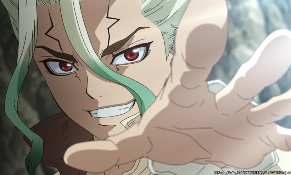 Senku smiling with his right hand up in Dr. Stone anime