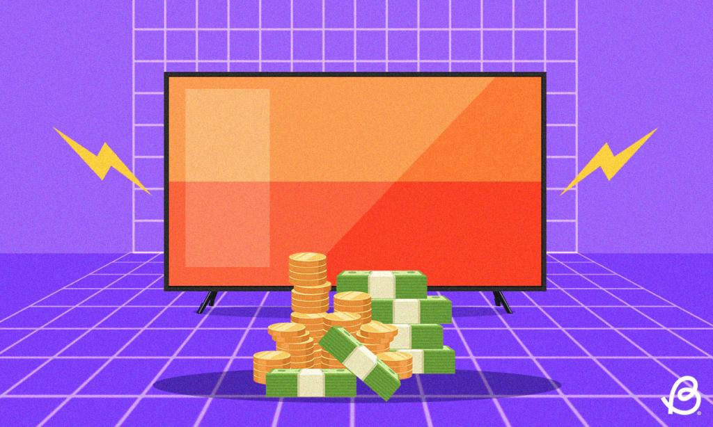 Illustration showing a TV with dollar stacks and coins on a purplish grid background