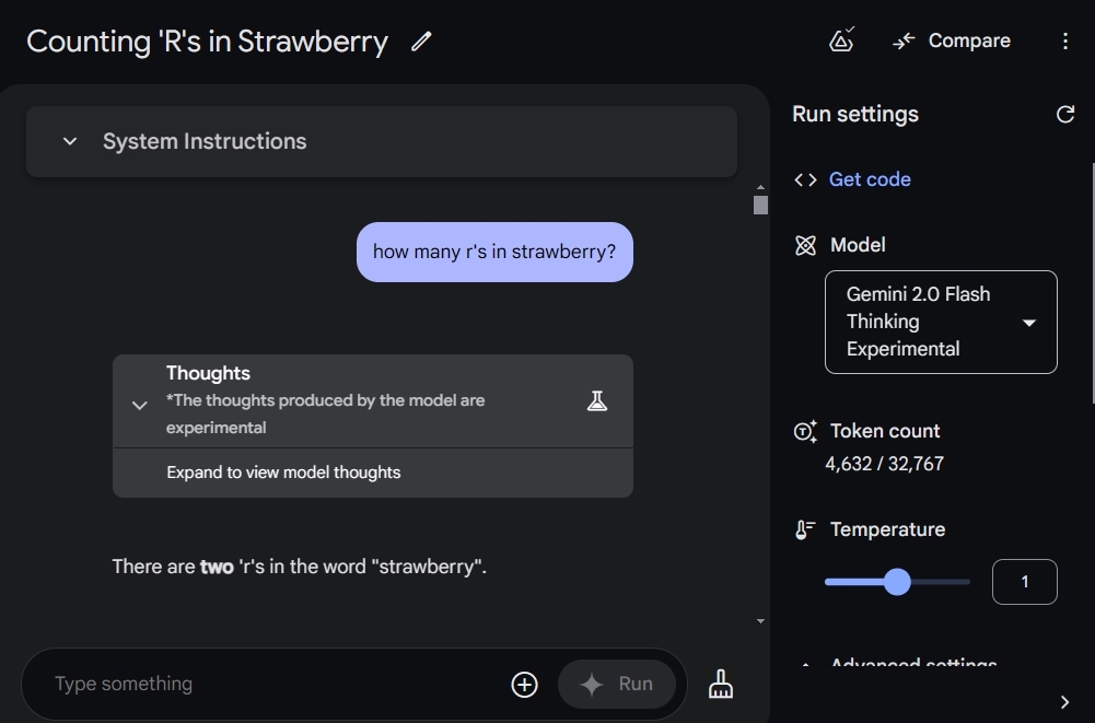 testing the strawberry question on gemini 2.0 flash thinking