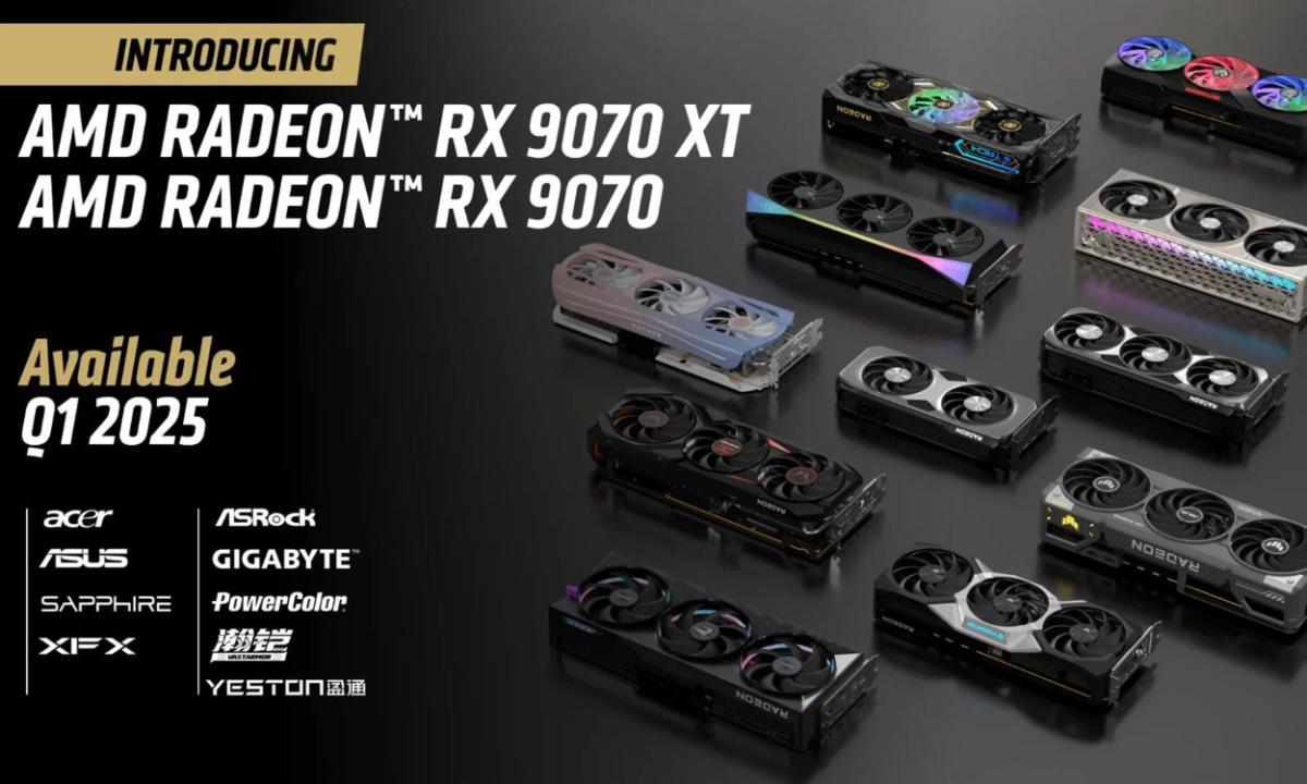 Futuristic scene at CES 2025 showcasing AMD Radeon RX 9070 series GPUs with vibrant colors and advanced gaming setups.