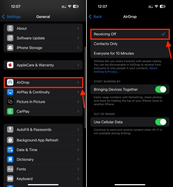 AirDrop Settings on iPhone