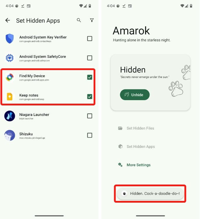 Amarok App selected apps to hide and pressing the hide option