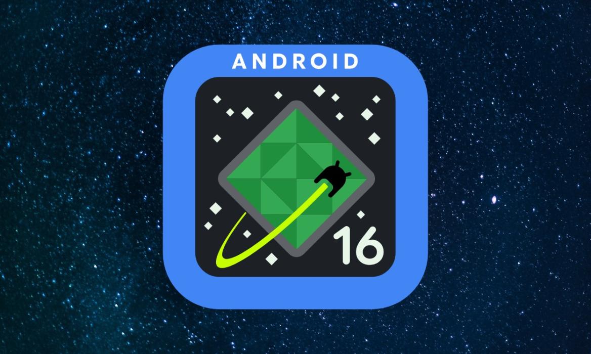 Android 16 logo in front of a dark starry night sky background