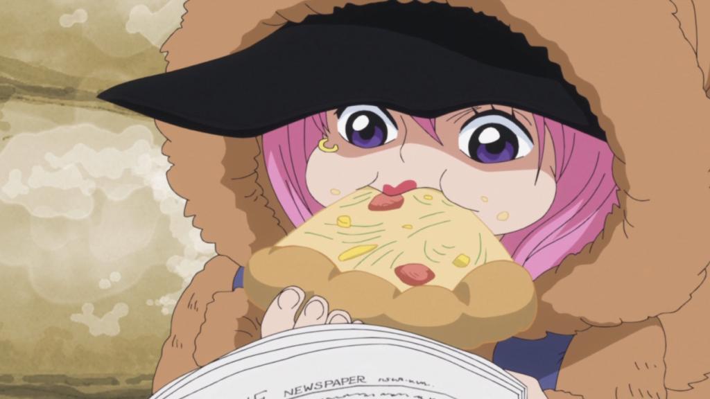 Bonney eating a pizza while reading newspaper in One Piece