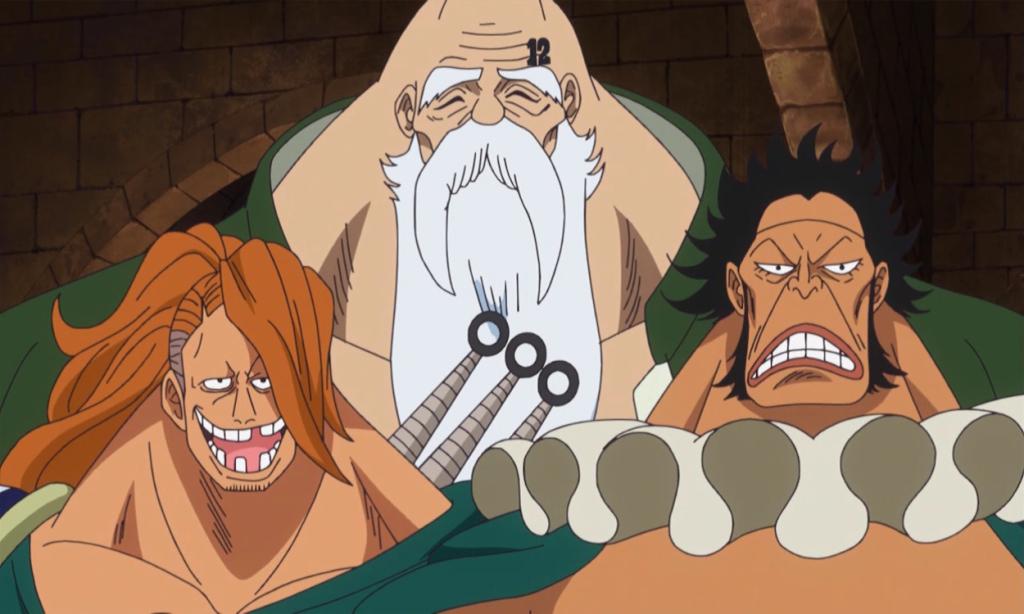 Don Chinjao along with his grandsons Sai and Boo in One Piece anime