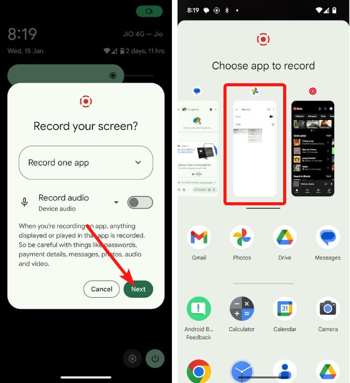 choose app to record and select the app from the preview