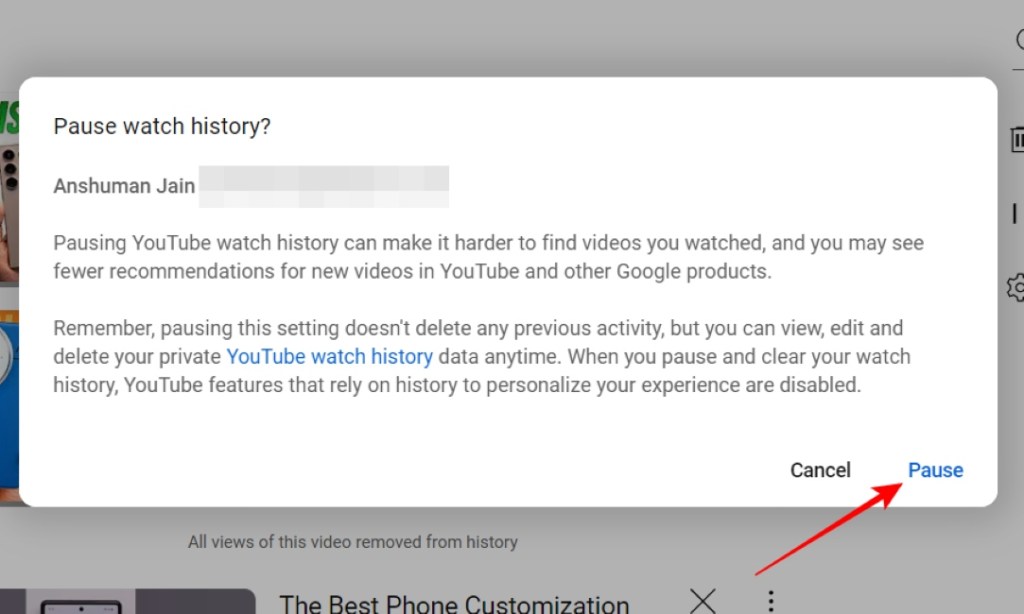 Confirm Pausing Watch History