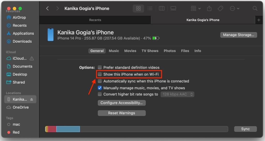 iPhone options in Finder with the "Show this iPhone when on WiFi" option unchecked