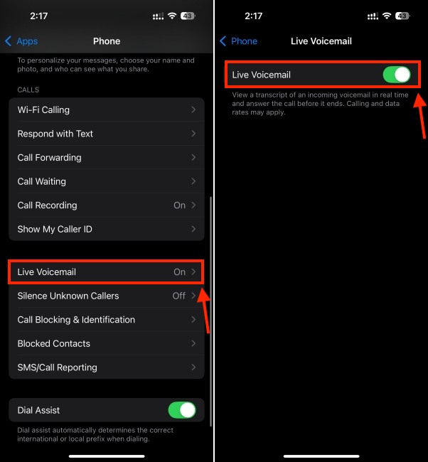 Enable Live Voicemail on iPhone