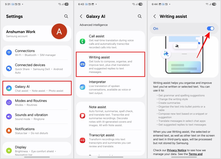 Enable Writing Assist on Samsung One UI 7
