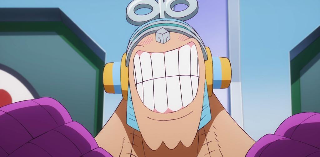 Franky grinning hearing Saul is alive in One Piece anime