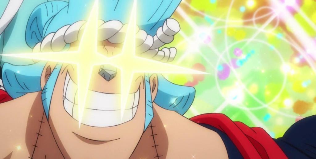 Franky surprised by Sanji's raid suit