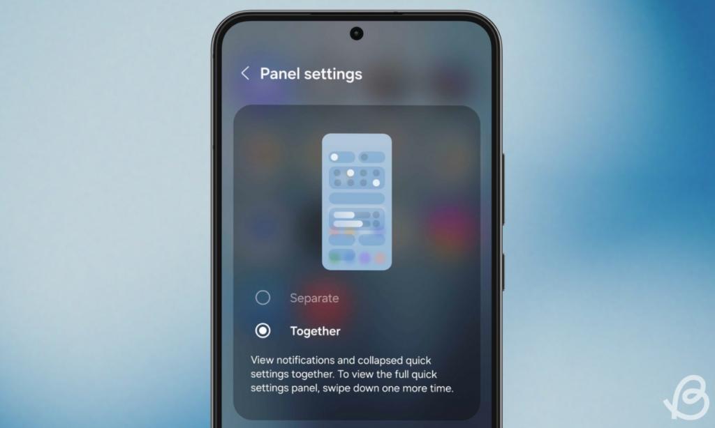 phone showing a preview of the new Panel Settings inside One UI 7 with an option to switch to the old "Together" Quick Settings layout