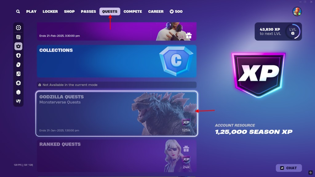 Godzilla Quests section in Fortnite