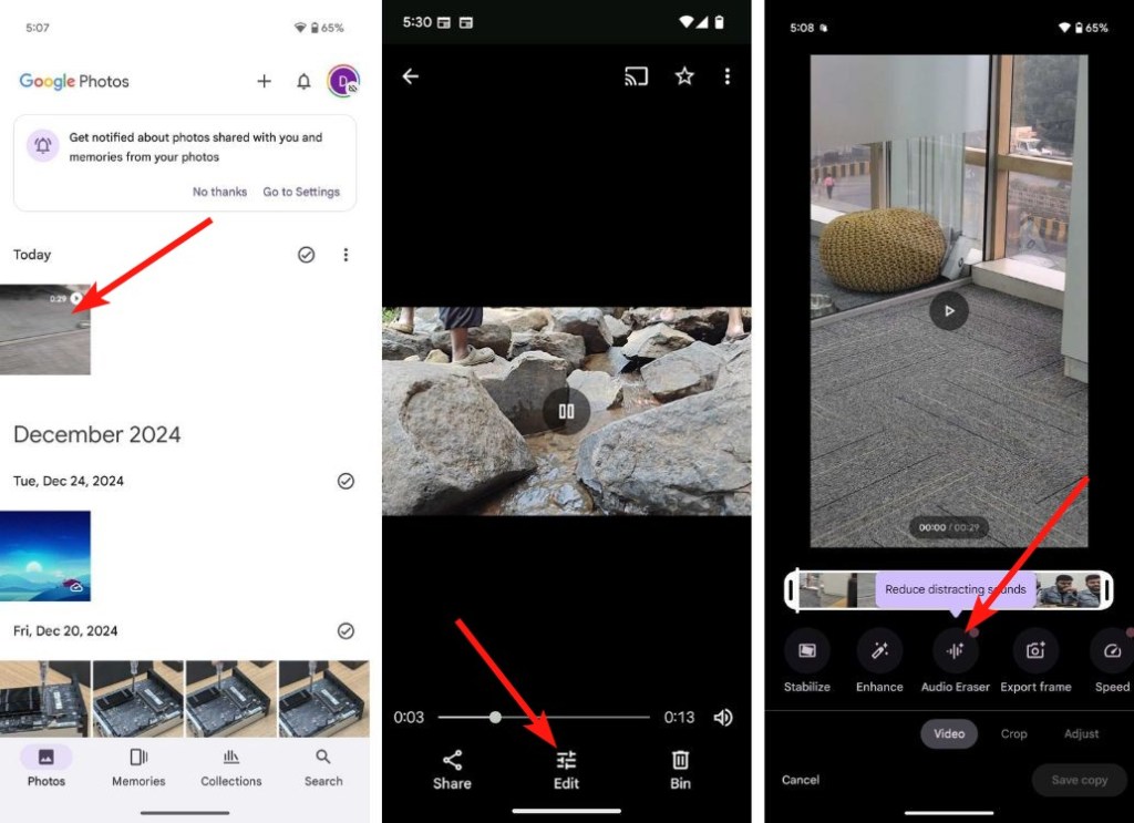 Google photos in pixel with edit icon and audio magic eraser setting