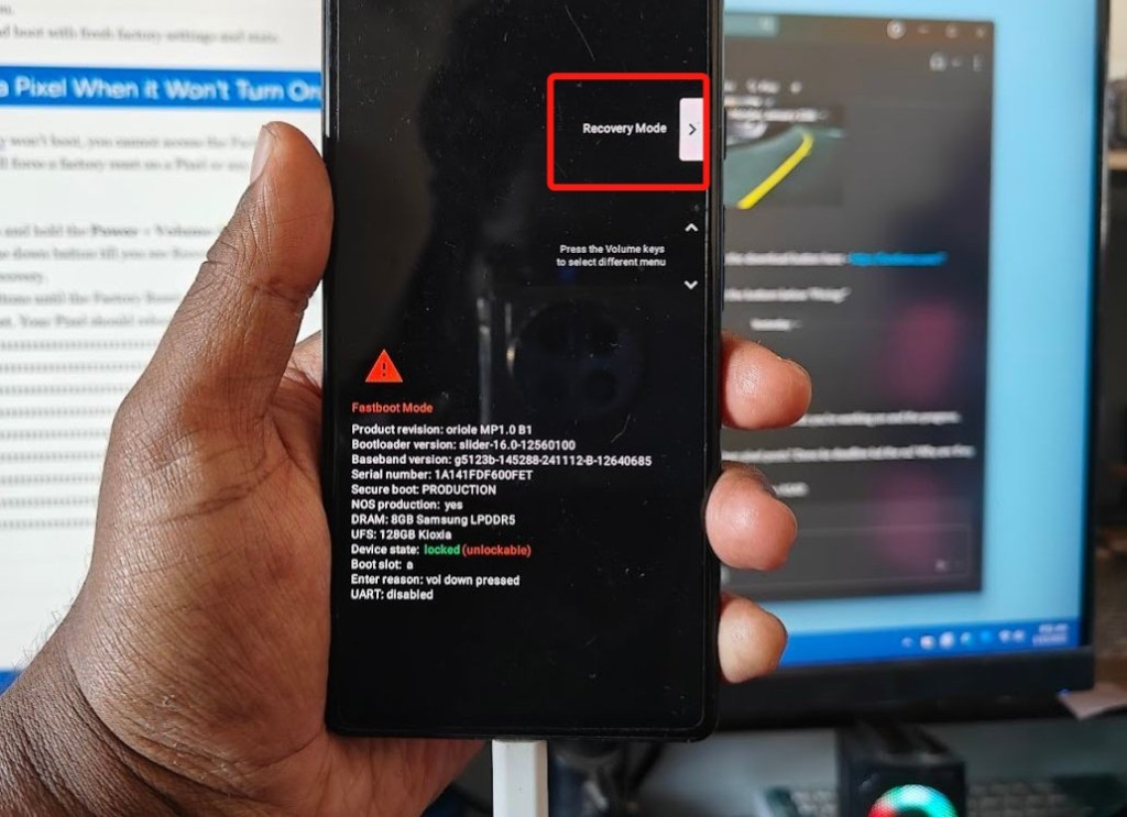 Google Pixel fastboot mode with recovery mode option