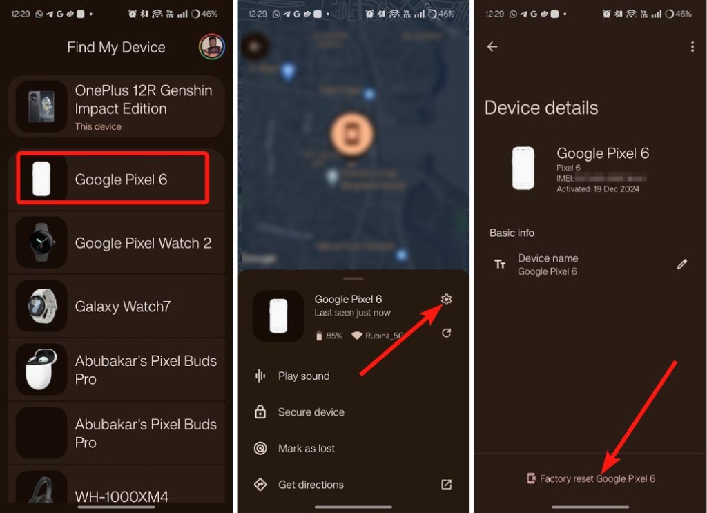 google find my device with Pixel 6 factory reset option