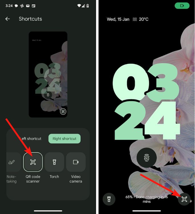 Google Pixel Lock screen shortcuts left and right QR code scanner