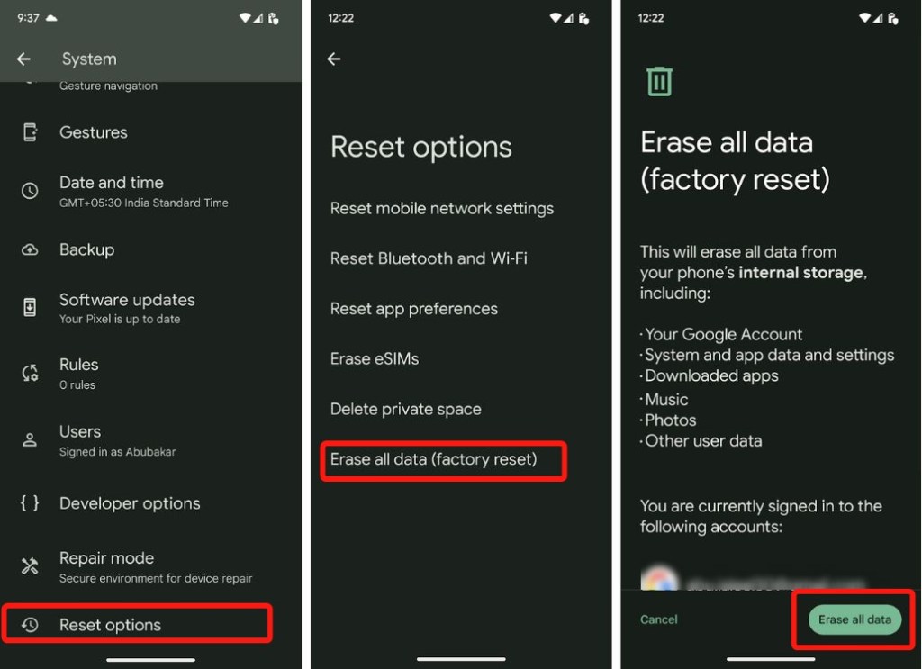 Google Pixel reset settings with erase all option