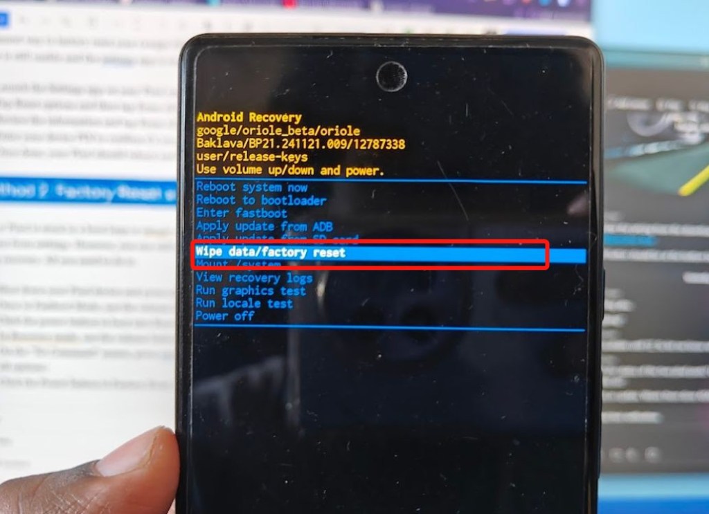 Google Pixel recovery mode with Wipe data and factory reset options highlighted