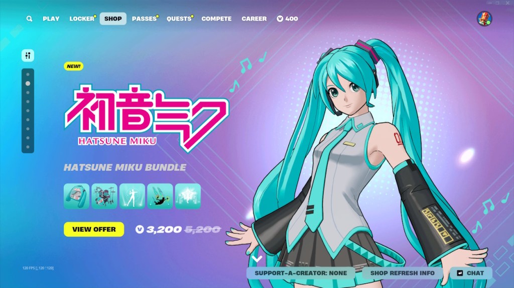 Hatsune Miku skin in Fortnite item shop bundle