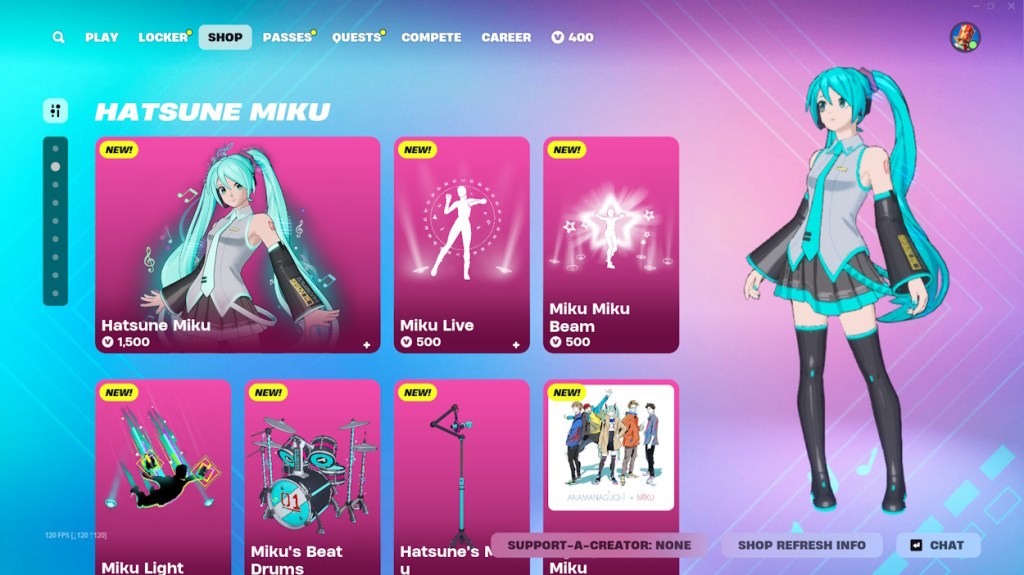 Hatsune Miku skin in Fortnite item shop