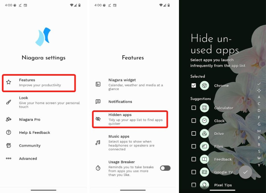 Niagara launcher settings page with hidden apps and select hidden app pages