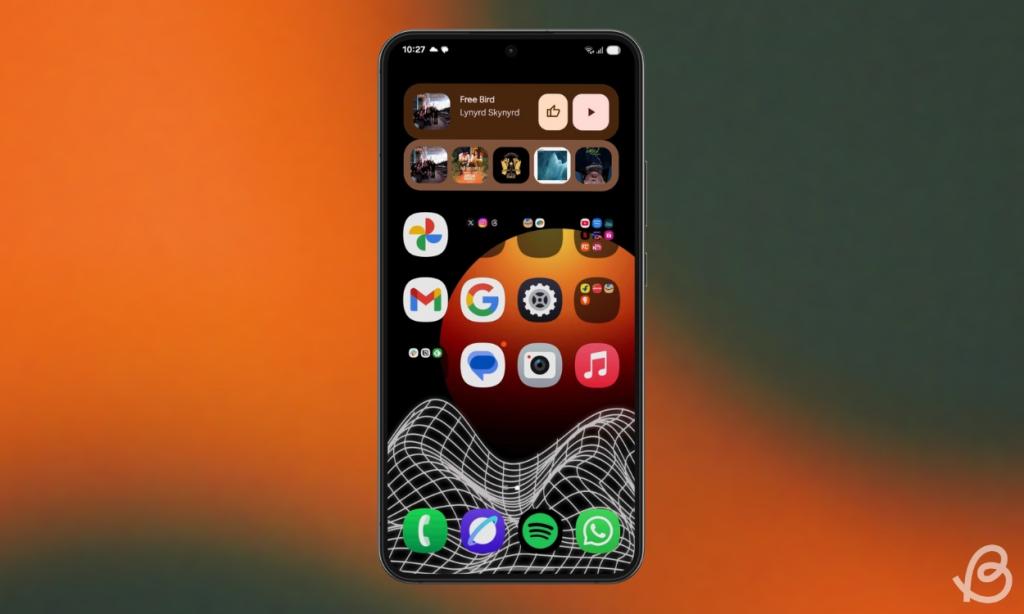 phone previewing the One UI 7 home screen with app and widget labels hidden on a Samsung phone