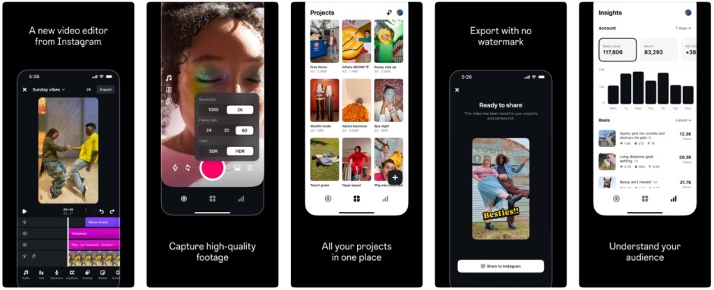 previews of the Instagram Edits app as seen on the Apple App Store