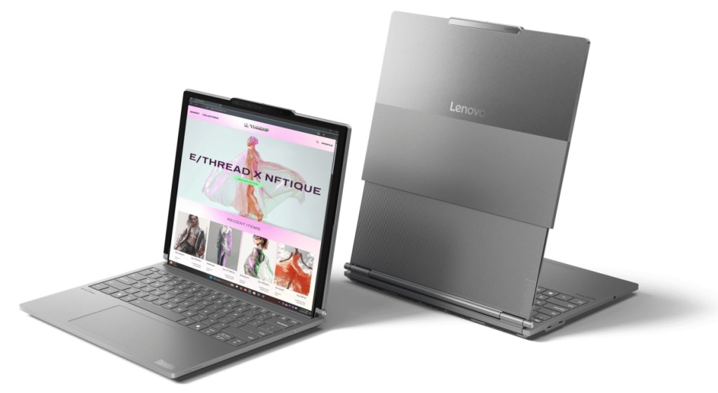 product image of Lenovo ThinkBook Plus Gen 6 with regular and extended displays open on two different devices. 