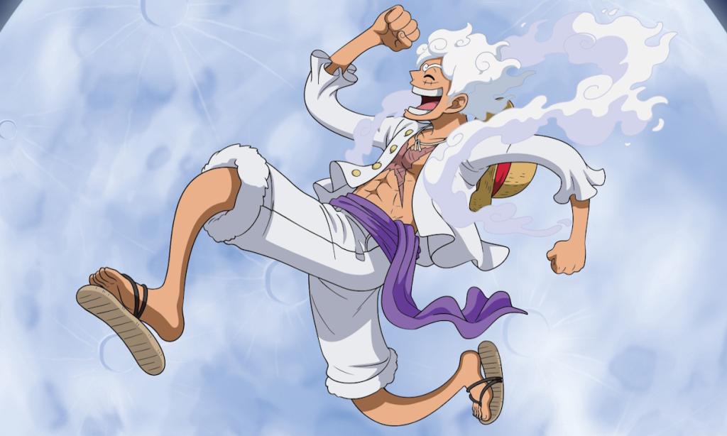 Luffy doing the Nika pose with a moon in the background