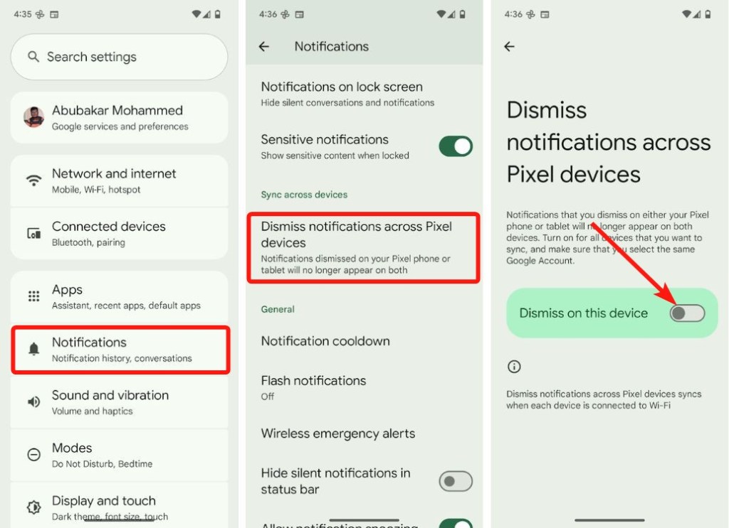 Android notification settings with disable notifications across pixel devices section