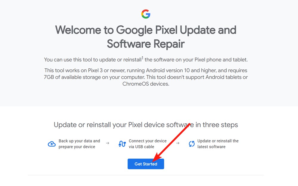 Google Pixel update and software repair tool website