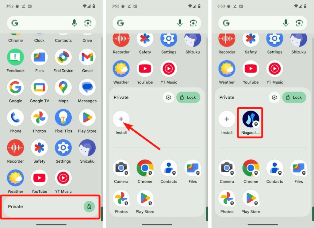 Private space in Pixel launcher app drawer with install option