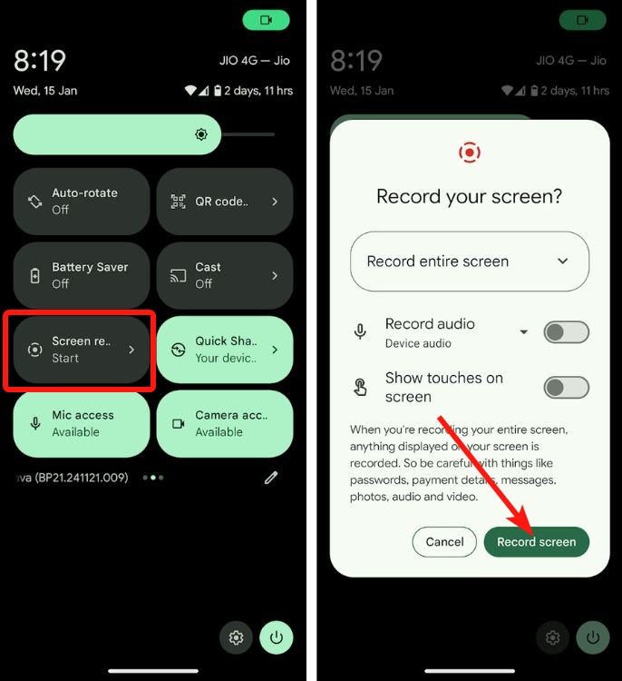 Pixel quick settings record screen with start recording button