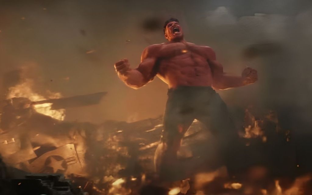 Red Hulk emerging from wreckage