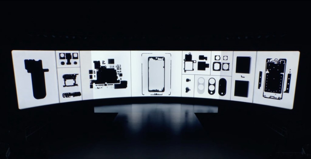 board featuring the parts inside the Samsung Galaxy S25 Edge as shown in the Galaxy Unpacked 2025 event