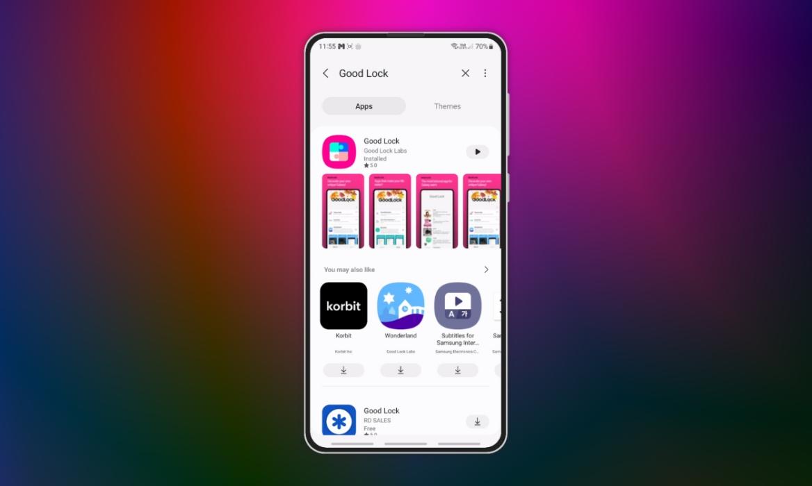 phone featuring Good Lock app landing page on Galaxy Store with a pink and black gradient background