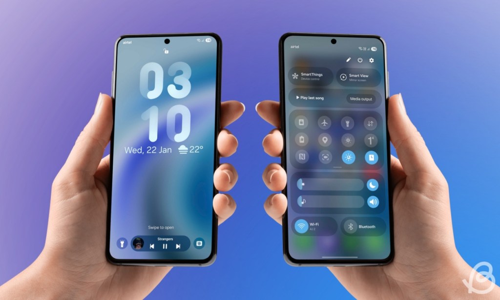 hands holding phones showing preview of One UI 7 new lock screen clock style, now bar, and Quick Settings panel