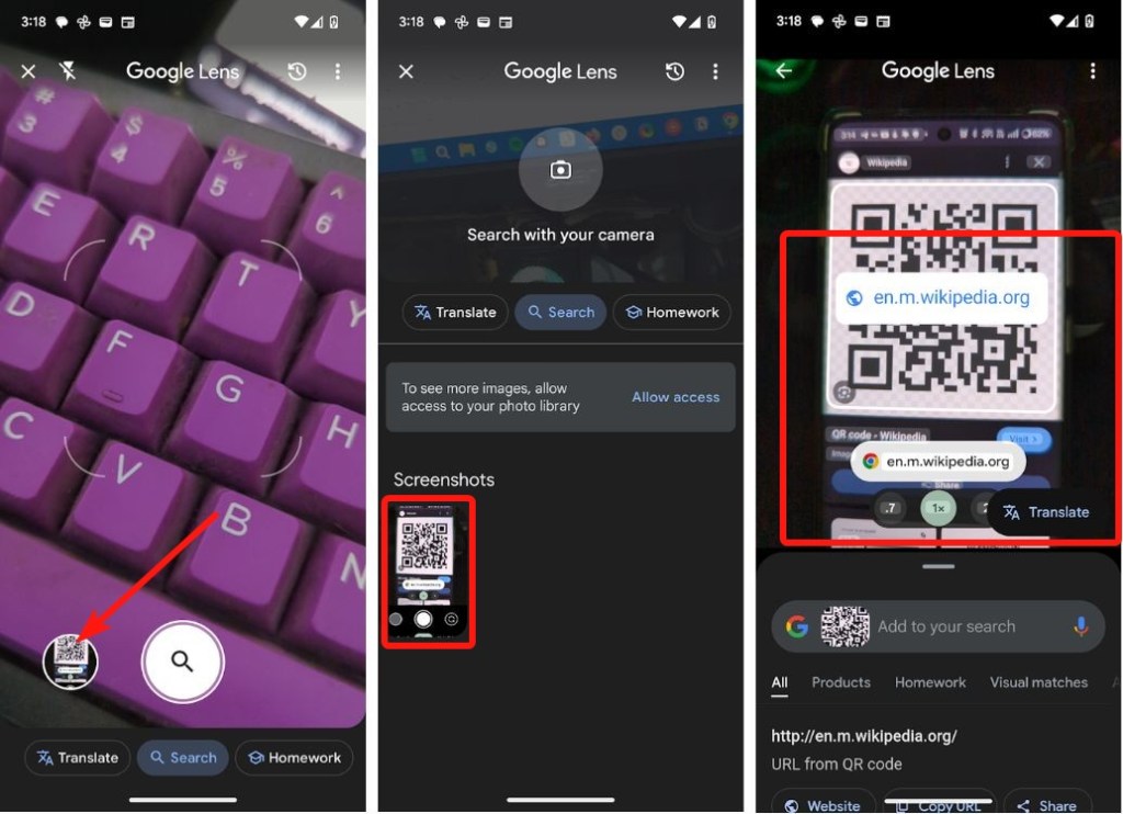 Google Lens app with gallery and QR code screenshot