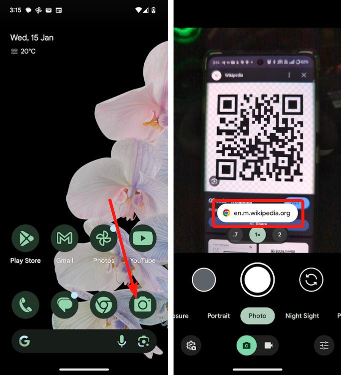 Pixel home screen with camera icon and qr code scanner