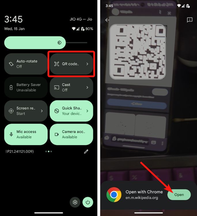 Google Pixel QR code quick setting tile with QR code scanner UI