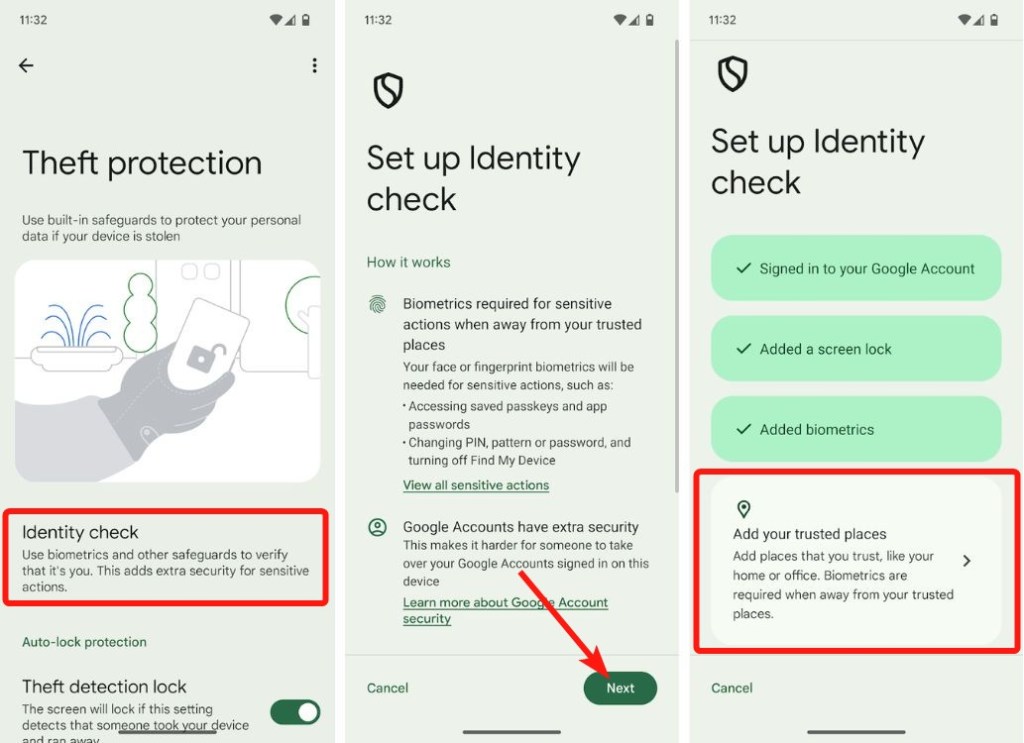 Theft protection page with identity check option and set up process