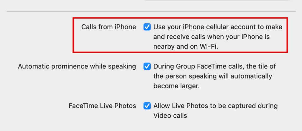 Screenshot of Mac's FaceTime settings with the option to disable iPhone calls being synced to Mac highlighted