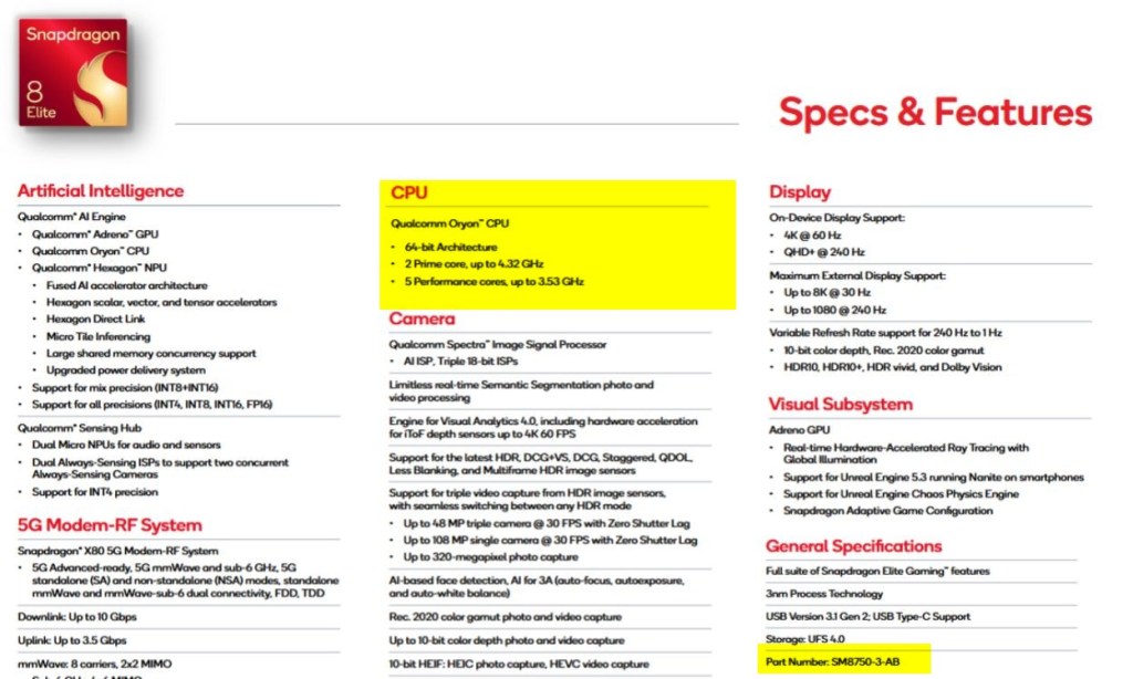 Qualcomm 8 elite with different part number and cores